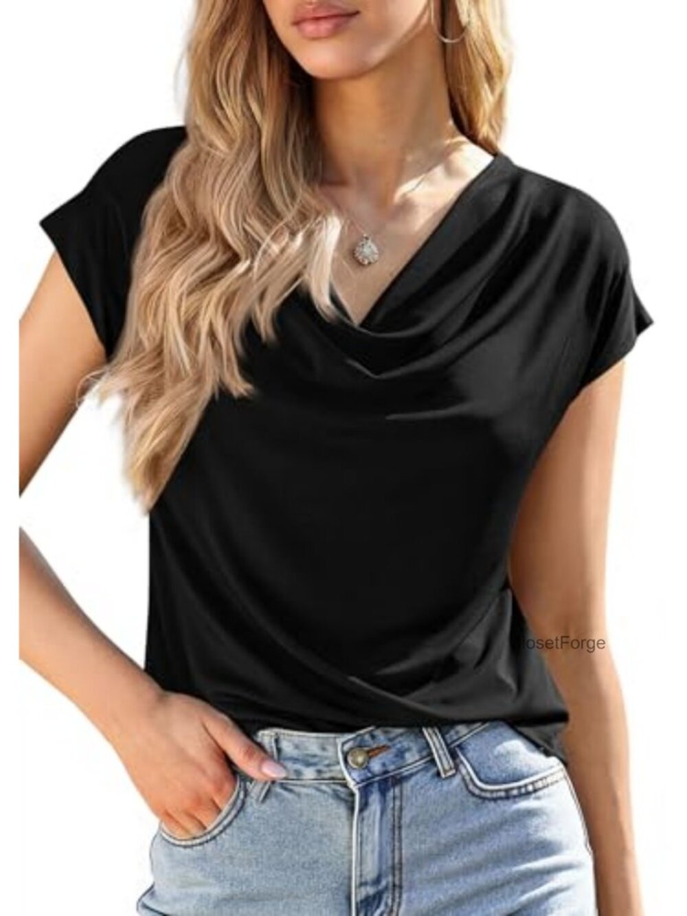 Viscose Blend Cap Sleeve Cowl Neck Blouse Business Casual Work Top